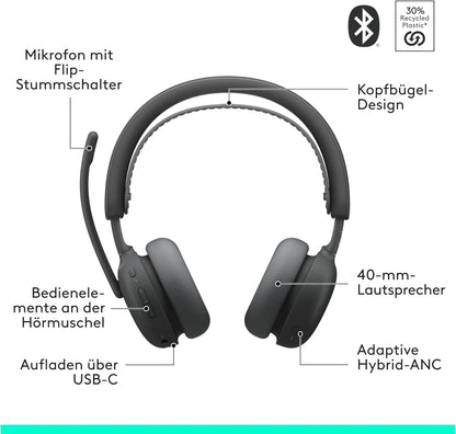 Logitech Zone Wireless 2 ES Headset – Kabelloser Kopfhörer mit ANC, Mikro, USB-C