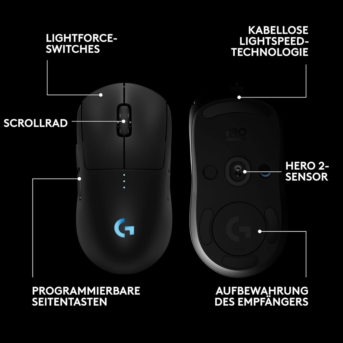 Logitech G PRO 2 LIGHTSPEED kabellose Gaming-Maus 44K-DPI-Sensor & USB-C-Ladef.