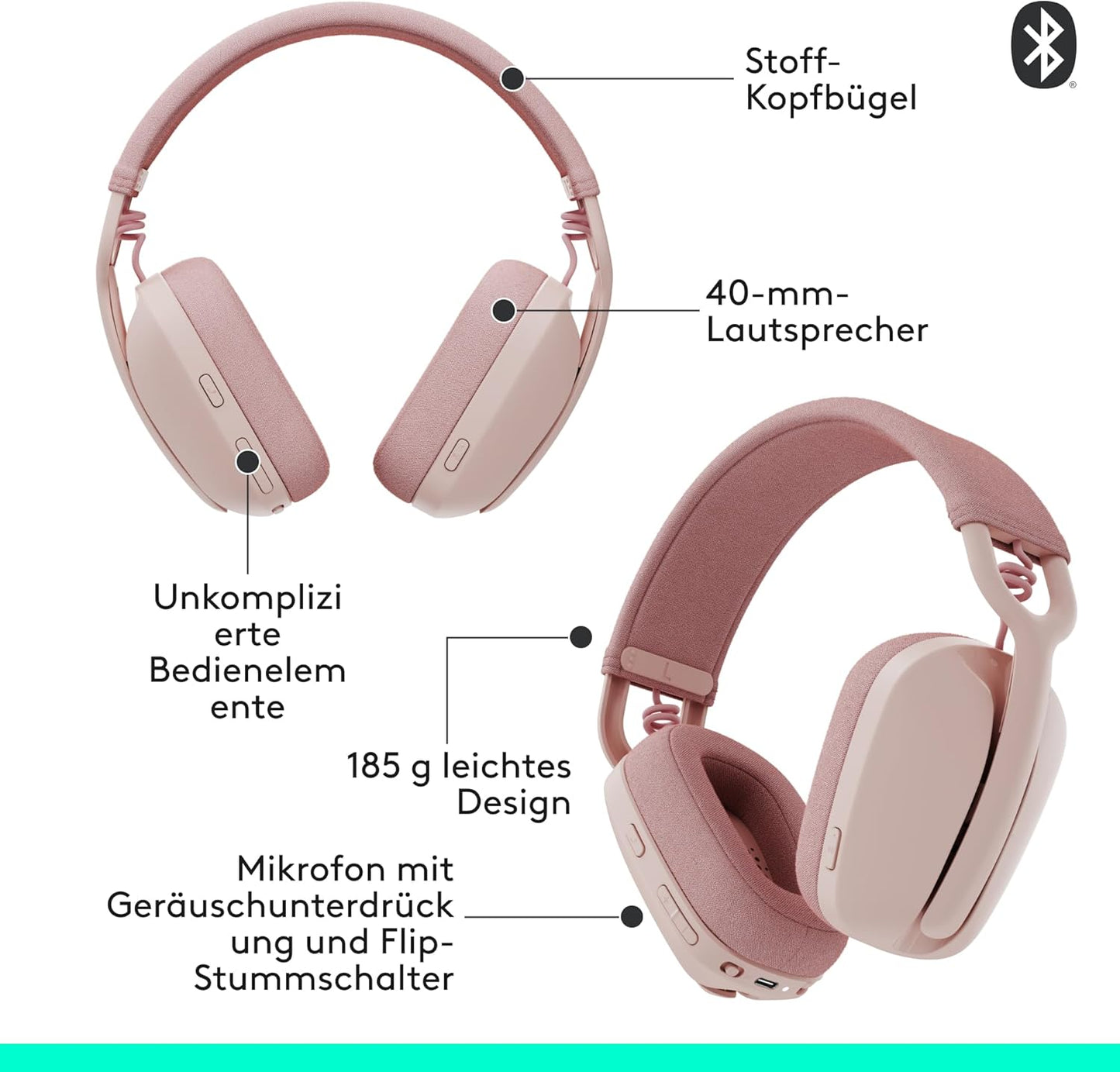 Logitech Zone Vibe 100 Bluetooth Headset - kabellose Over-Ear-Kopfhörer - Rosa