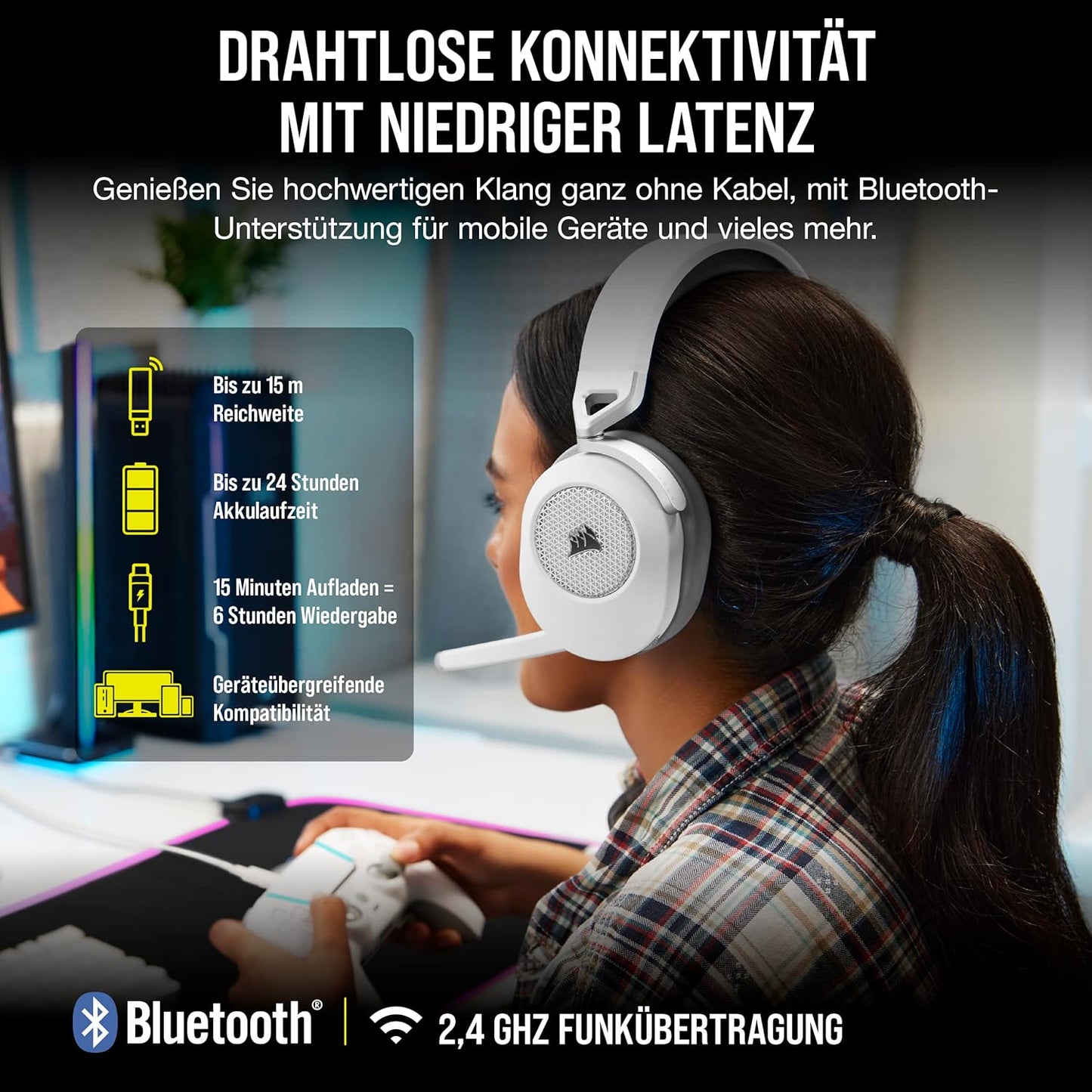 Corsair HS65 Wireless Gaming Headset Bluetooth Dolby 7.1-Surround-Sound - White