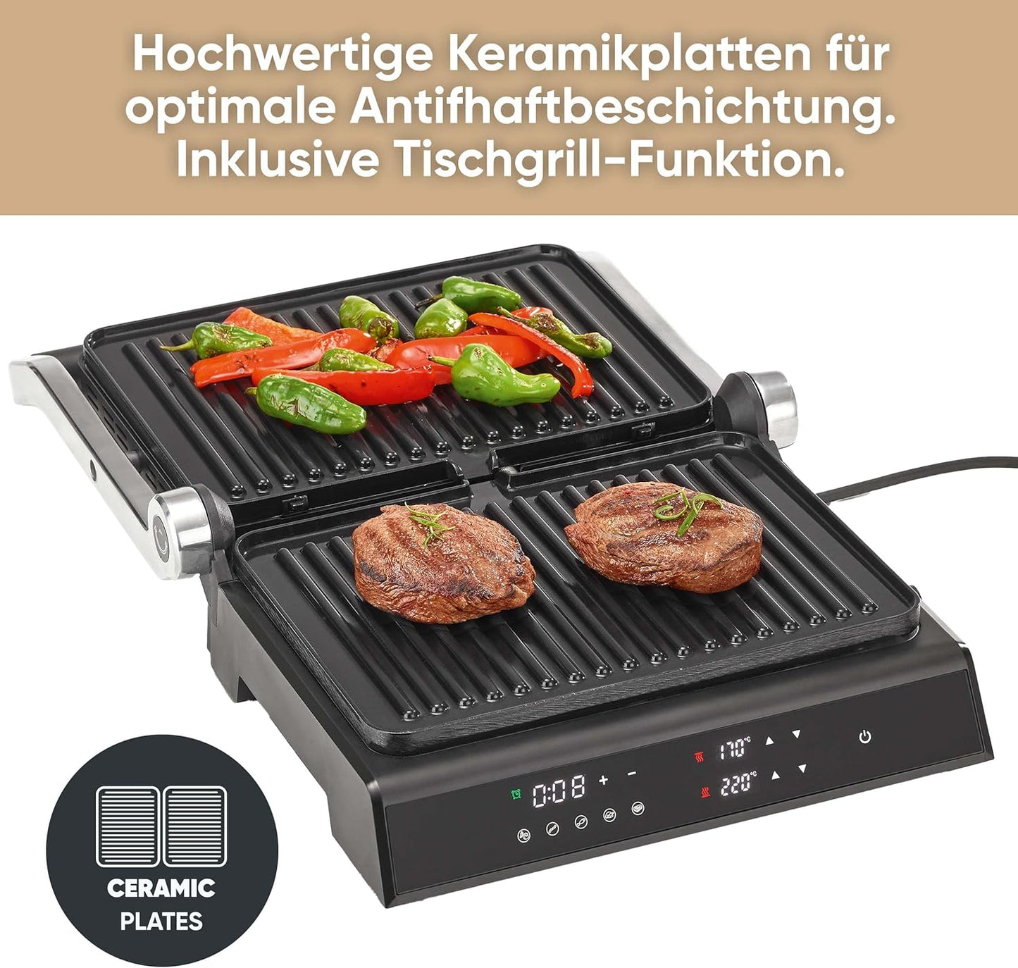 SEVERIN Sevini Comfort Kontaktgrill für Fleisch/Fisch/Gemüse - fettfreies Grillen