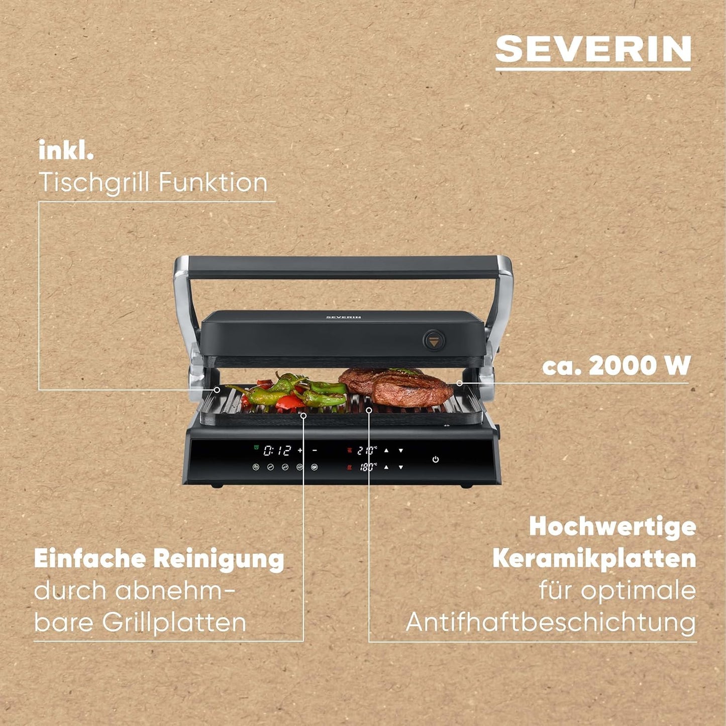 SEVERIN Sevini Comfort Kontaktgrill für Fleisch/Fisch/Gemüse - fettfreies Grillen