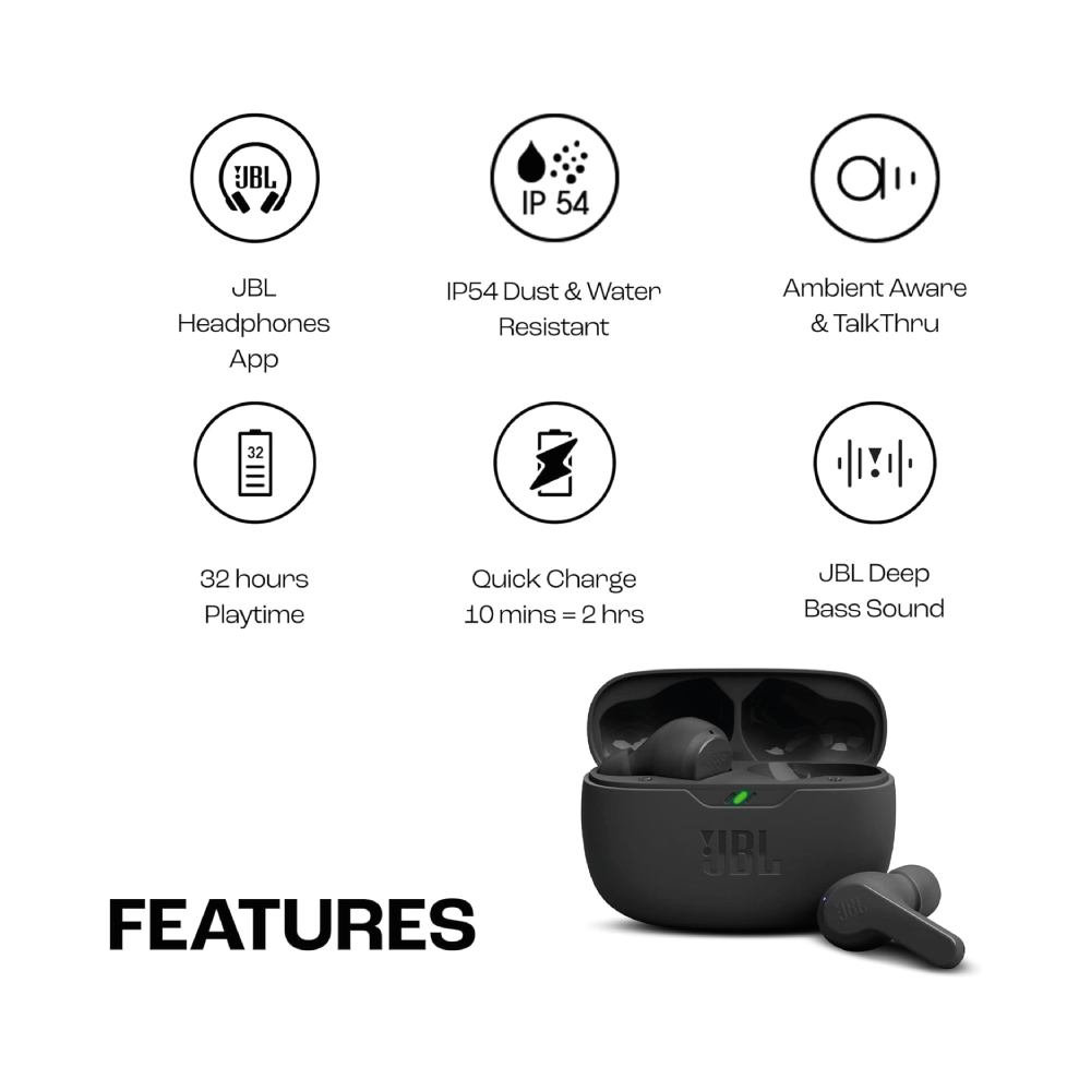 JBL Wave Beam Kopfhörer True Wireless Headphones mit Mikrofon IP54/IPX2 schwarz