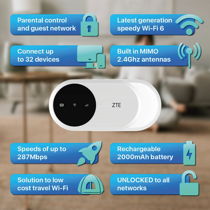 ZTE U10 Mobiler Router Hotspot 4G WiFi CAT4  287Mbps für bis zu 32 Geräte weiss