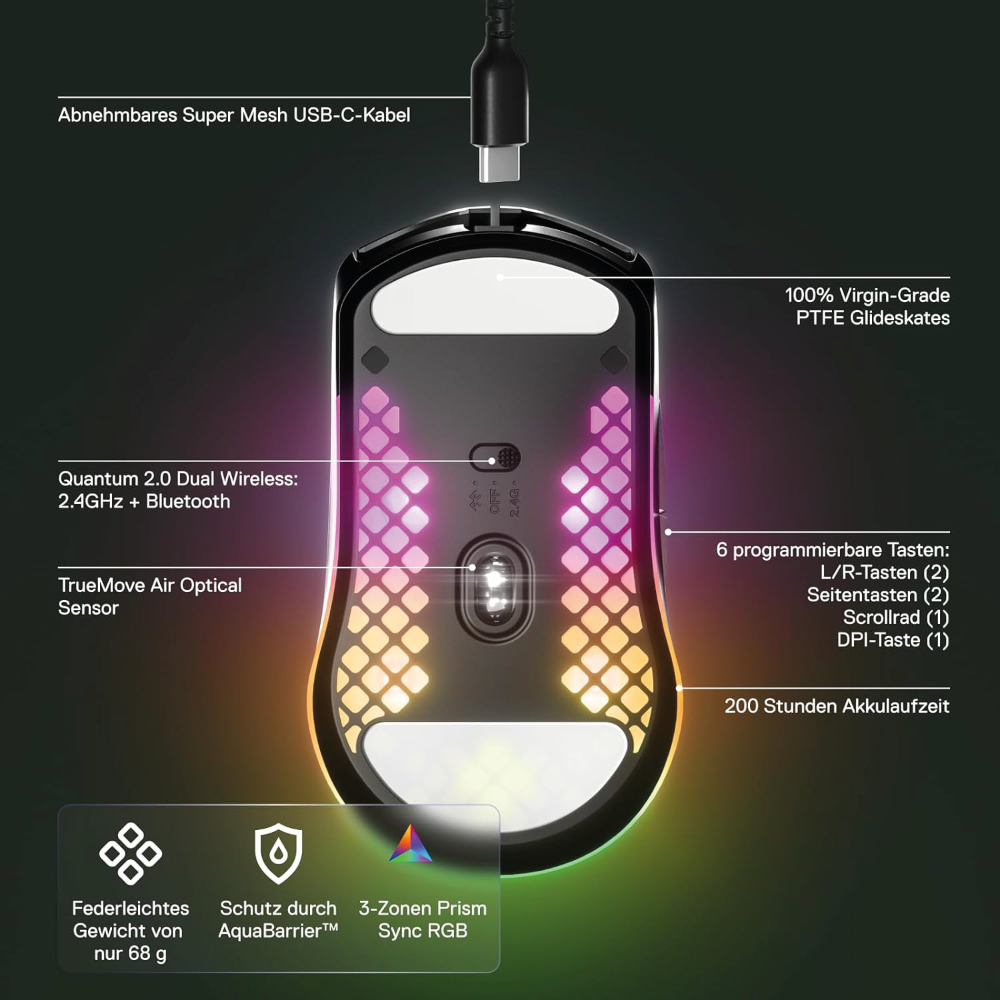 SteelSeries Aerox 3 Wireless RGB Gaming Maus 18.000 DPI TrueMove Air-Sensor