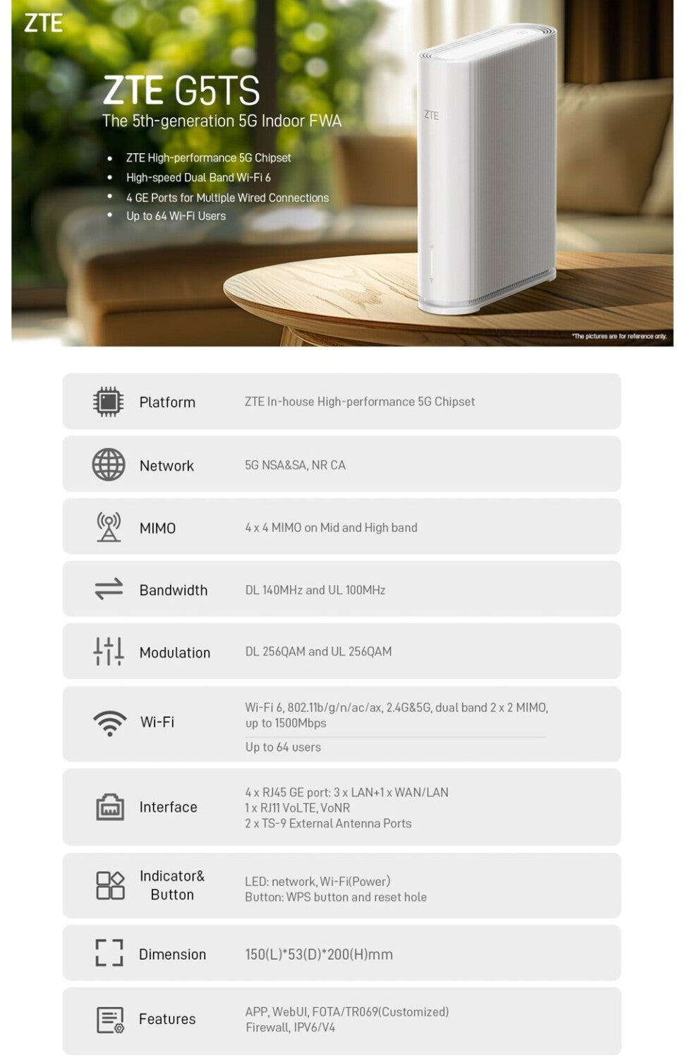 ZTE G5TS 5G Stationärer WLAN WiFi Router Weiß – Highspeed Internet für Zuhause